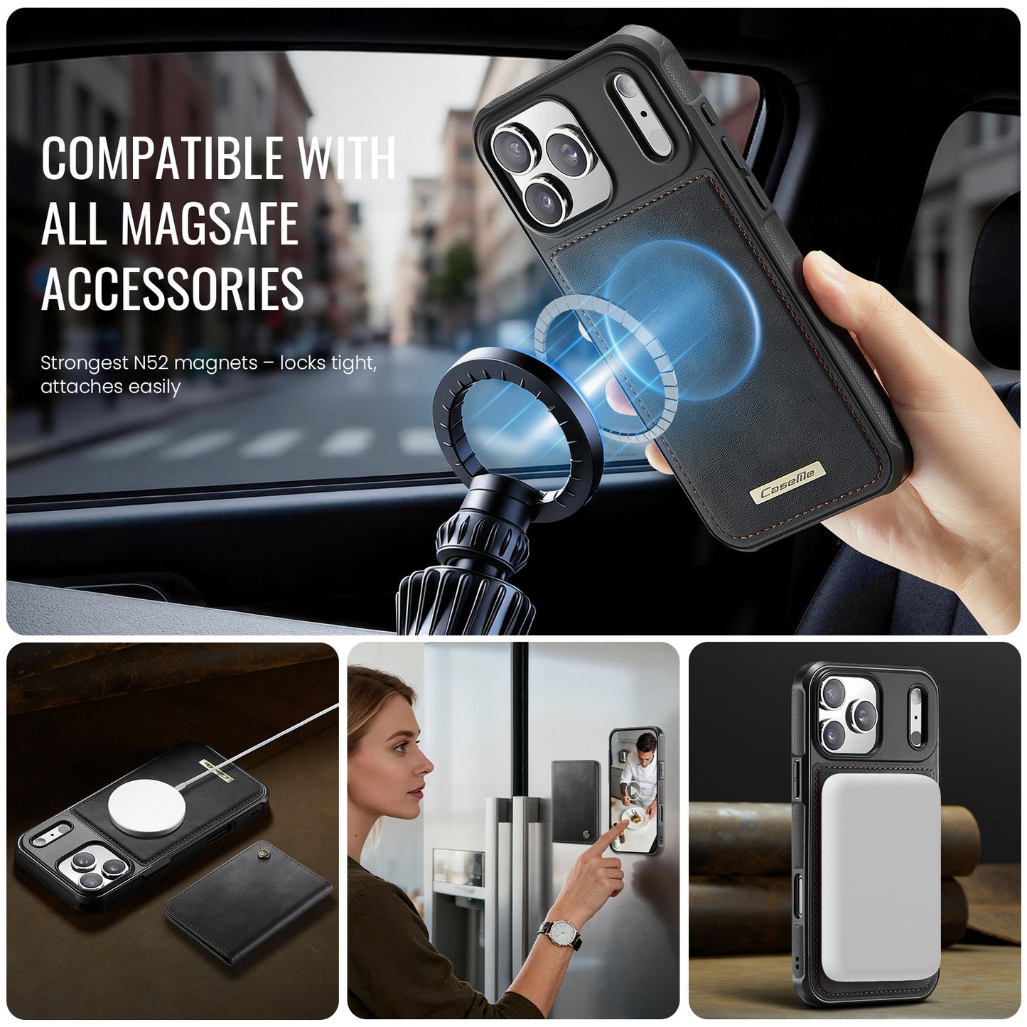 CASEME For iPhone 17 Pro Magnetic Case  ME80 Series Leather PC TPU Phone Cover with Detachable Wallet