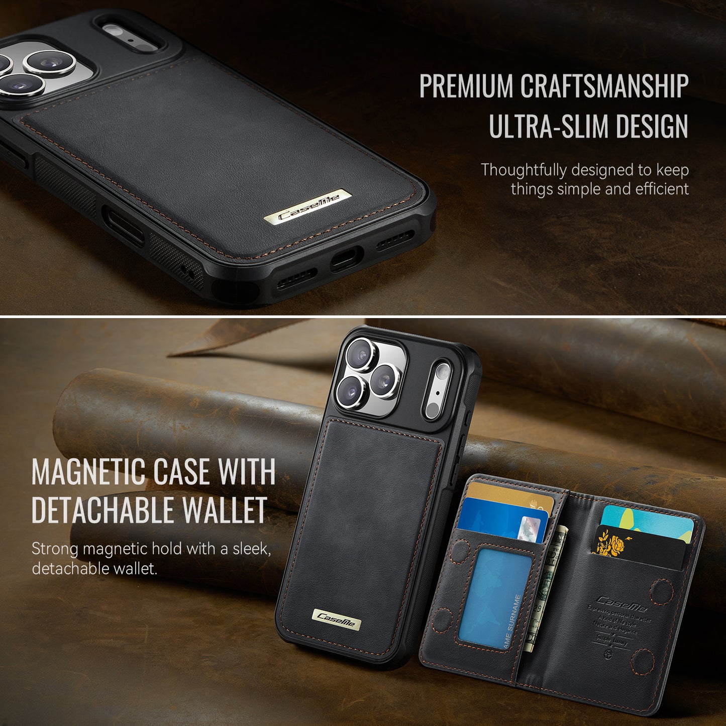 CASEME For iPhone 17 Pro Magnetic Case  ME80 Series Leather PC TPU Phone Cover with Detachable Wallet
