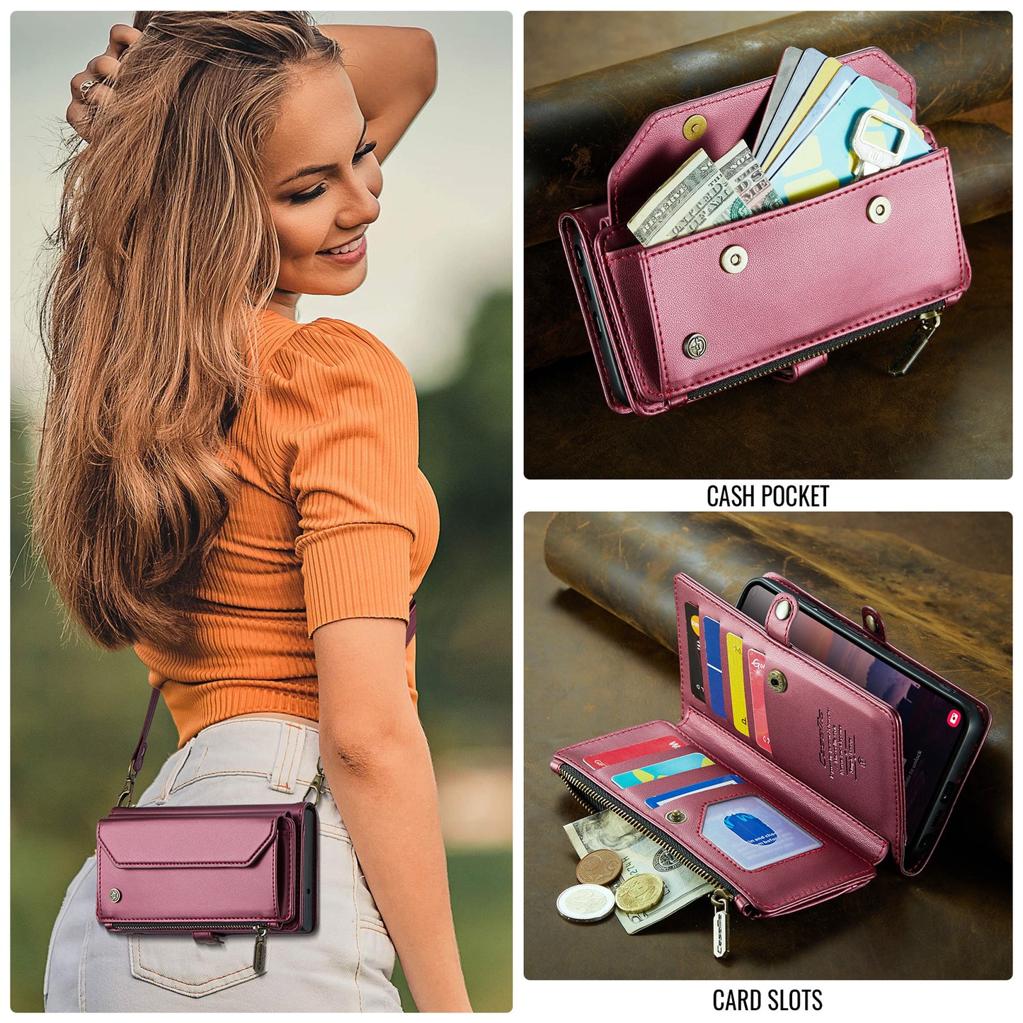 CASEME For Samsung Galaxy S26 Ultra Leather Case  C36 Zipper 10 Card Slots Phone Cover with Straps