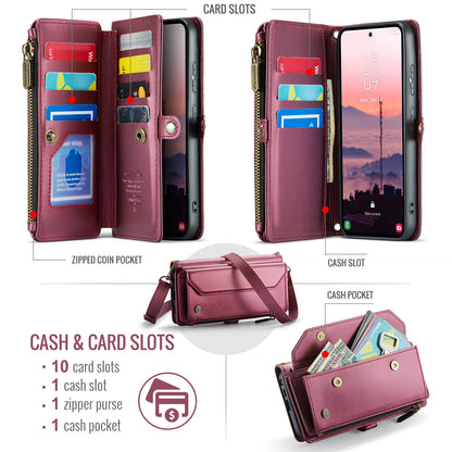 CASEME For Samsung Galaxy S26 Ultra Leather Case  C36 Zipper 10 Card Slots Phone Cover with Straps