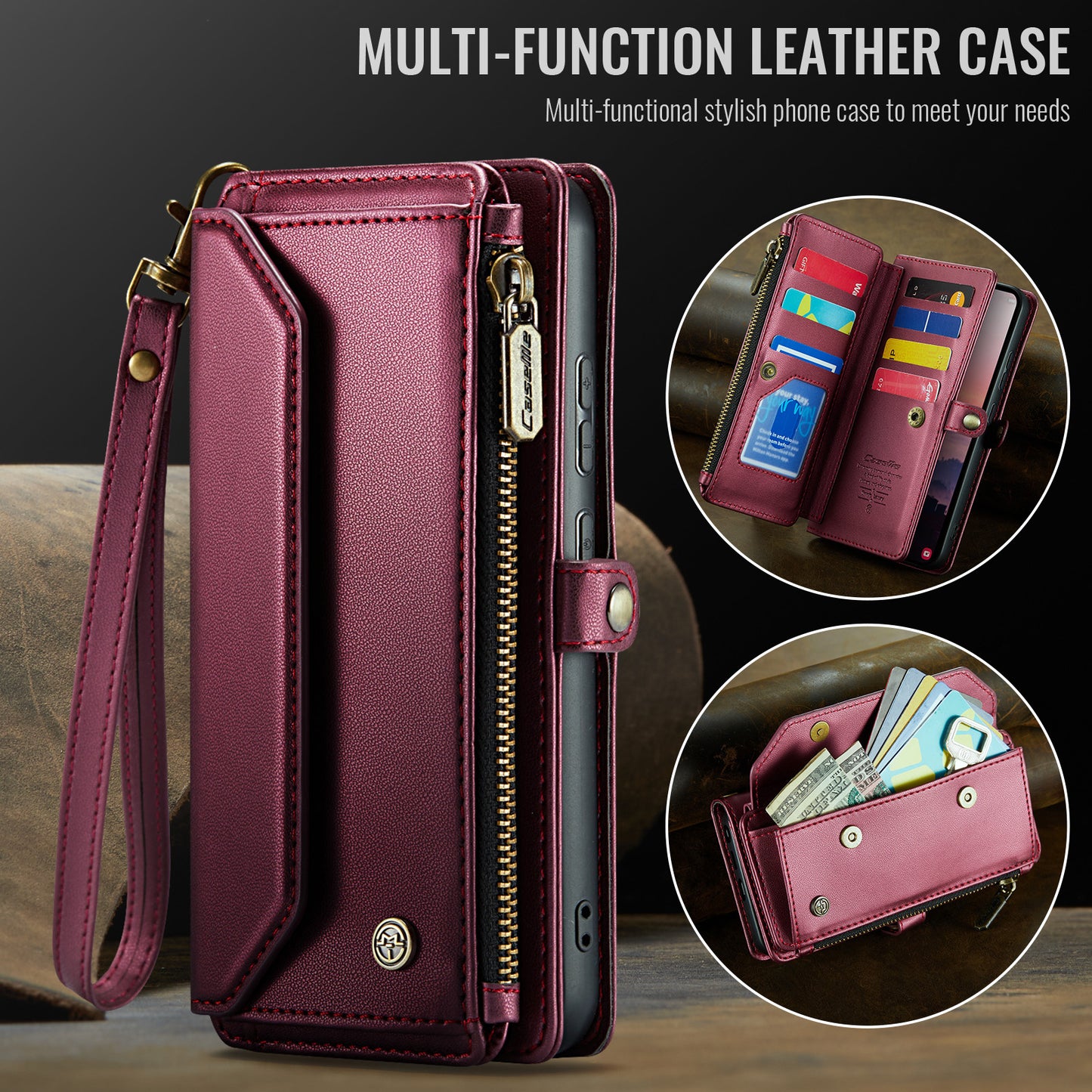 CASEME For Samsung Galaxy S26 Ultra Leather Case  C36 Zipper 10 Card Slots Phone Cover with Straps