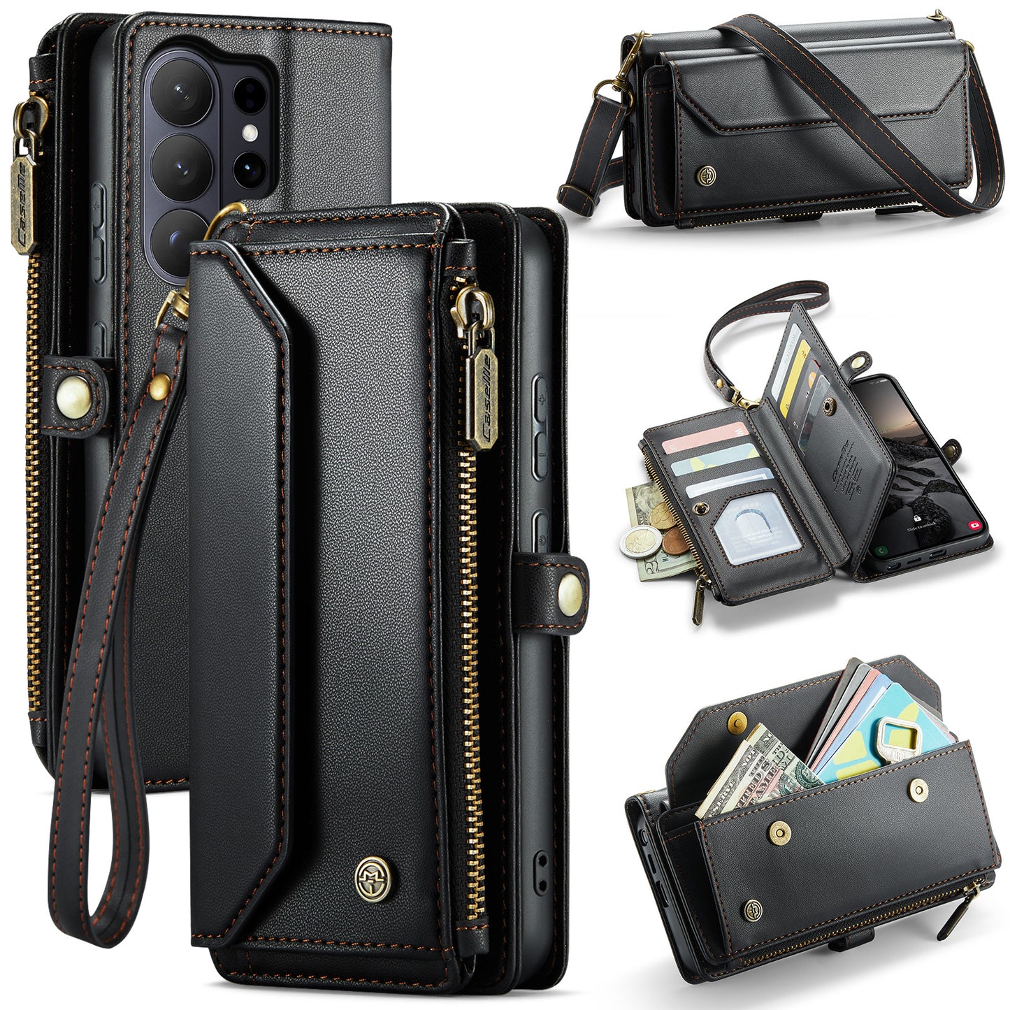 CASEME For Samsung Galaxy S26 Ultra Leather Case  C36 Zipper 10 Card Slots Phone Cover with Straps