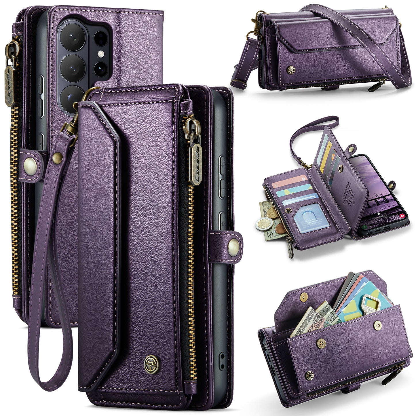CASEME For Samsung Galaxy S26 Ultra Leather Case  C36 Zipper 10 Card Slots Phone Cover with Straps