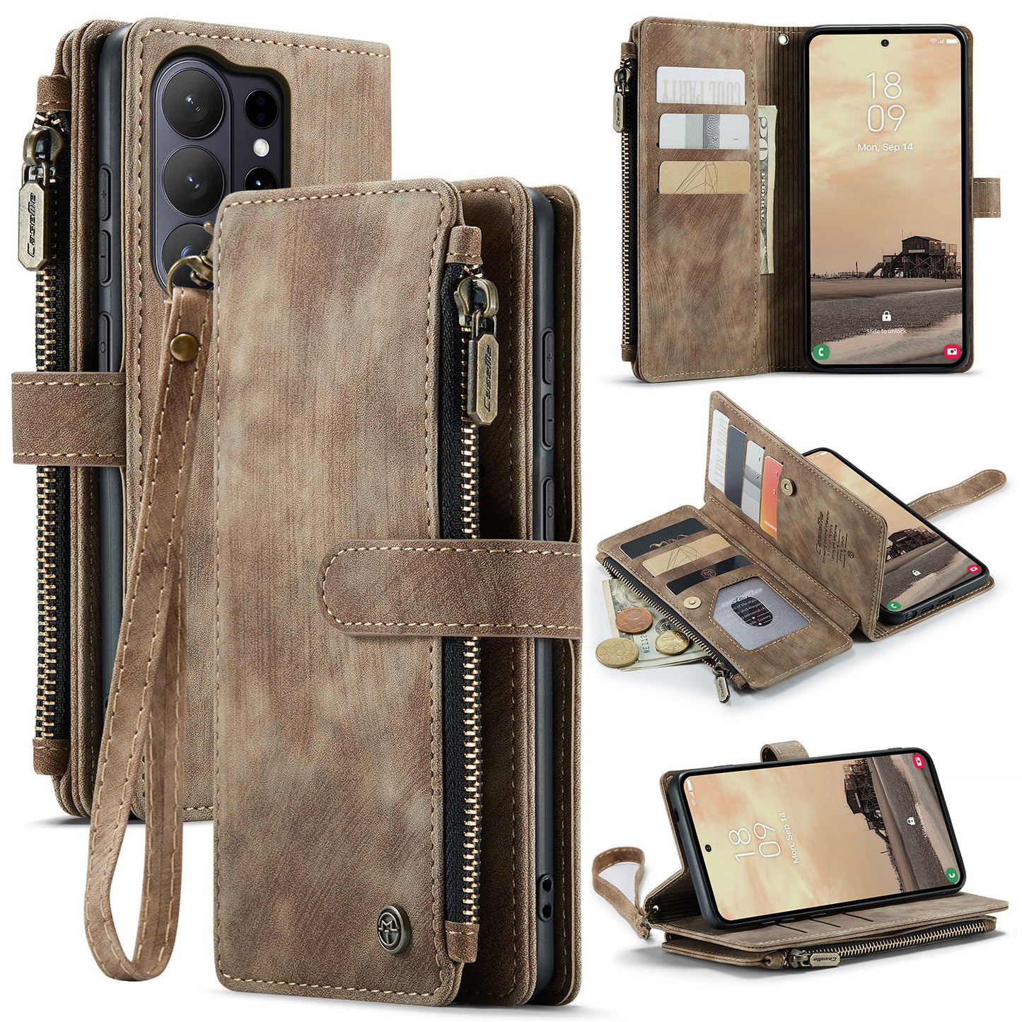 CASEME For Samsung Galaxy S26 Ultra Phone Cases with Strap  C30 Zipper Multiple Card Holder PU Leather Cover