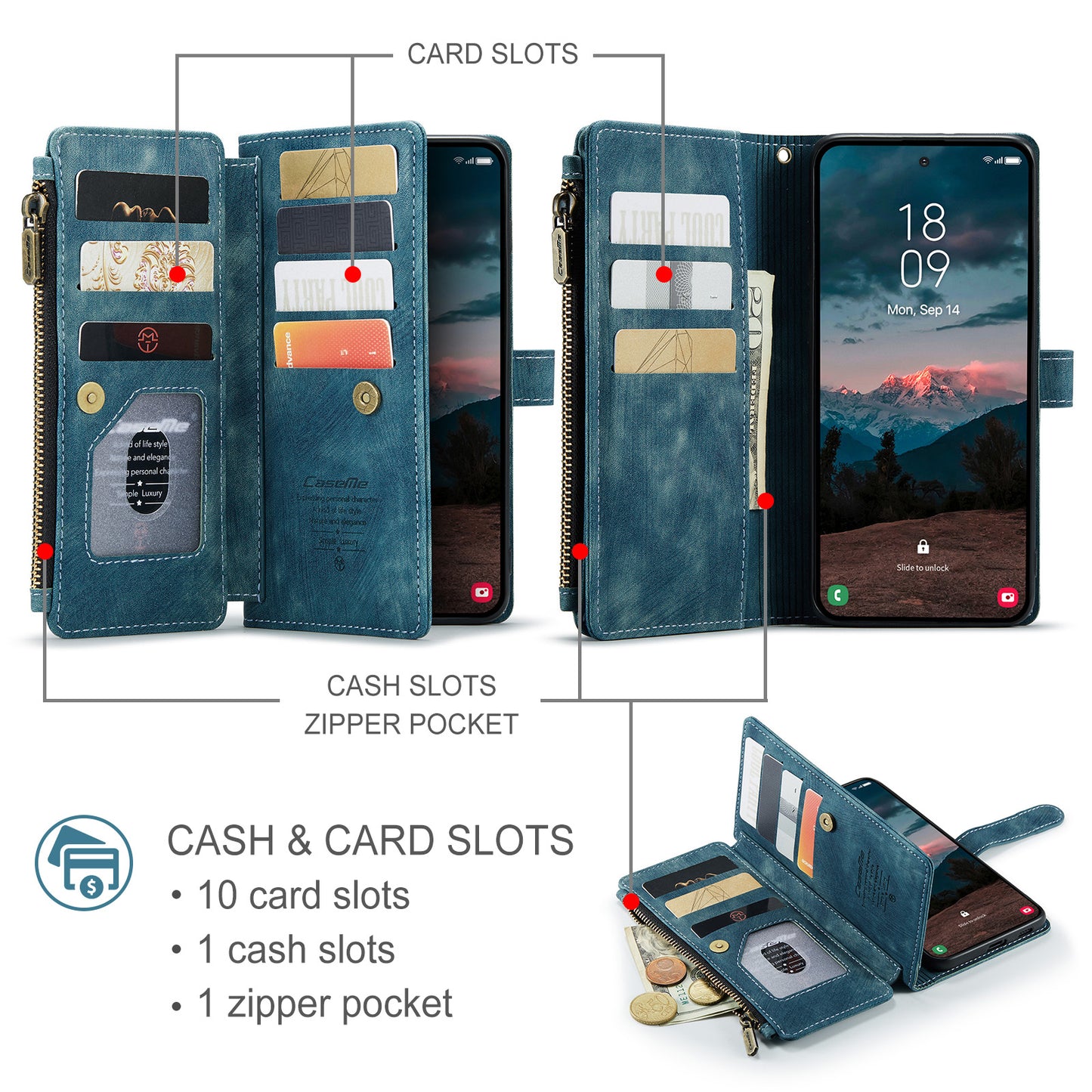 CASEME For Samsung Galaxy S26+ Phone Cases with Strap  C30 Zipper Multiple Card Holder PU Leather Cover