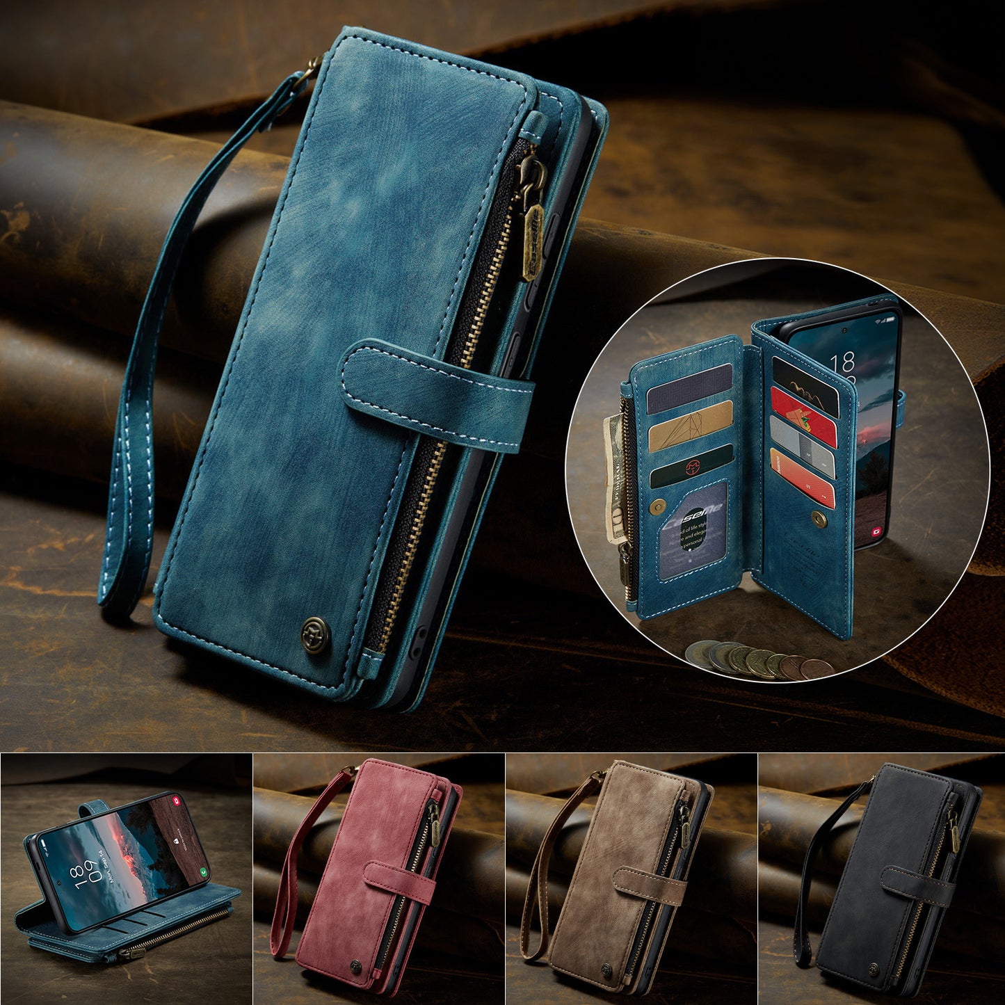 CASEME For Samsung Galaxy S26+ Phone Cases with Strap  C30 Zipper Multiple Card Holder PU Leather Cover