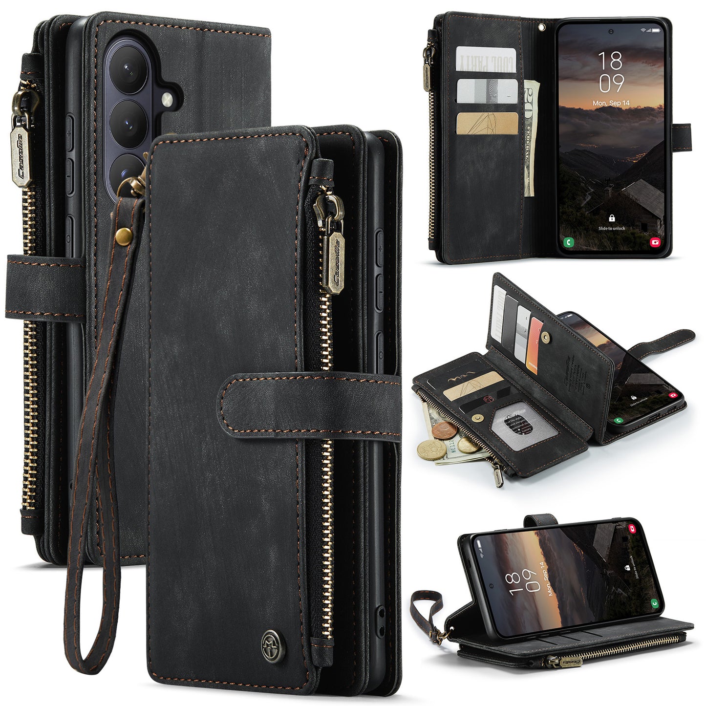 CASEME For Samsung Galaxy S26+ Phone Cases with Strap  C30 Zipper Multiple Card Holder PU Leather Cover