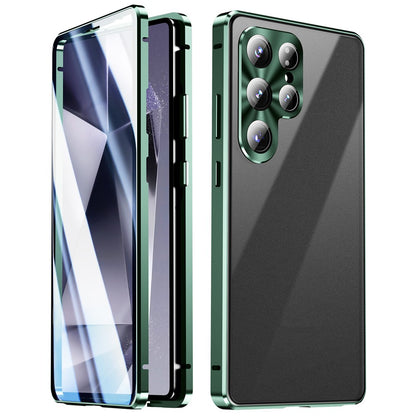 For Samsung Galaxy S26 Ultra Case Double Sides Tempered Glass + Metal Magnetic Phone Cover with Buckle