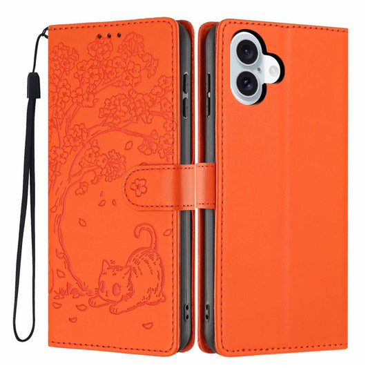 For iPhone 16 Stand Case Tree-and-Cat Pattern PU Leather Wallet Protective Phone Cover with Wrist Strap