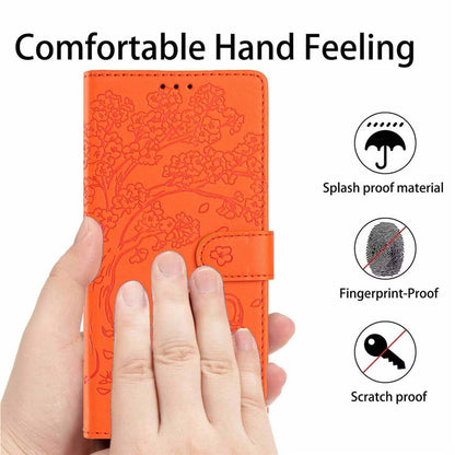 For iPhone 16 Stand Case Tree-and-Cat Pattern PU Leather Wallet Protective Phone Cover with Wrist Strap