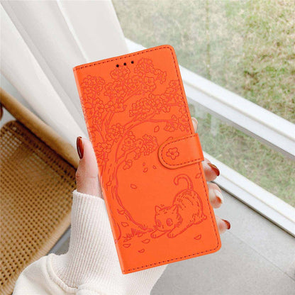 For iPhone 16 Stand Case Tree-and-Cat Pattern PU Leather Wallet Protective Phone Cover with Wrist Strap