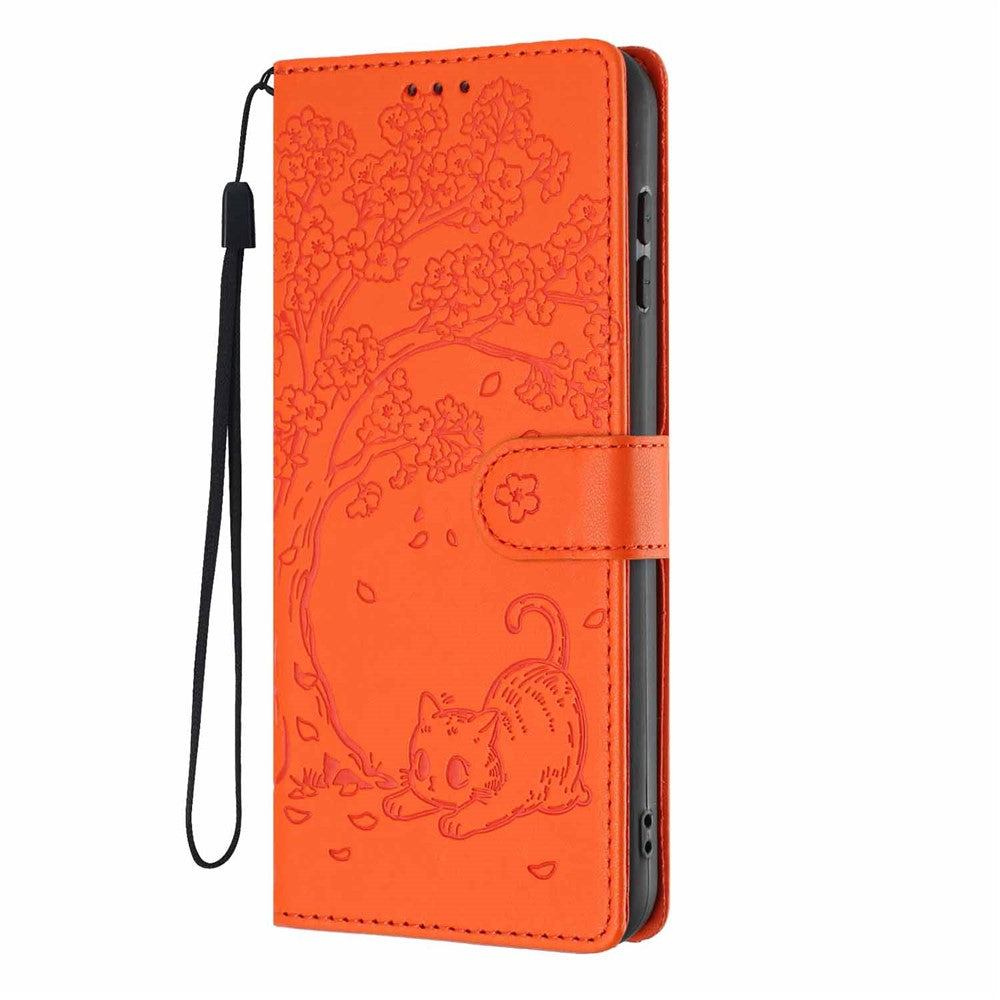 For iPhone 16 Stand Case Tree-and-Cat Pattern PU Leather Wallet Protective Phone Cover with Wrist Strap