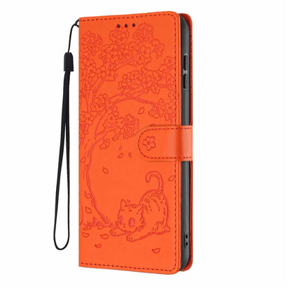 For iPhone 16 Stand Case Tree-and-Cat Pattern PU Leather Wallet Protective Phone Cover with Wrist Strap