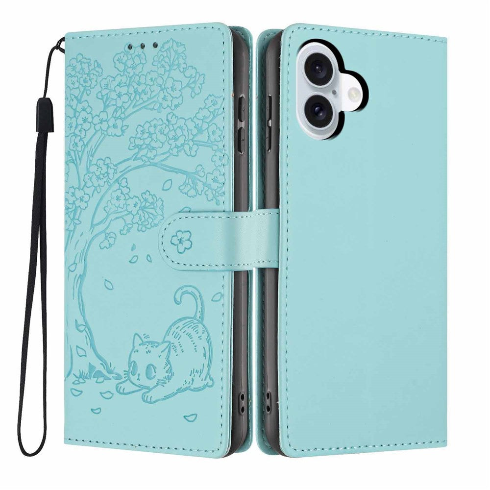 For iPhone 16 Stand Case Tree-and-Cat Pattern PU Leather Wallet Protective Phone Cover with Wrist Strap
