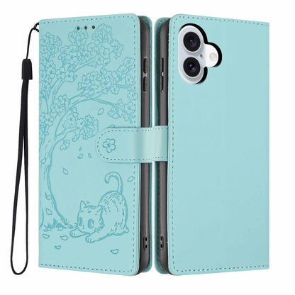 For iPhone 16 Stand Case Tree-and-Cat Pattern PU Leather Wallet Protective Phone Cover with Wrist Strap