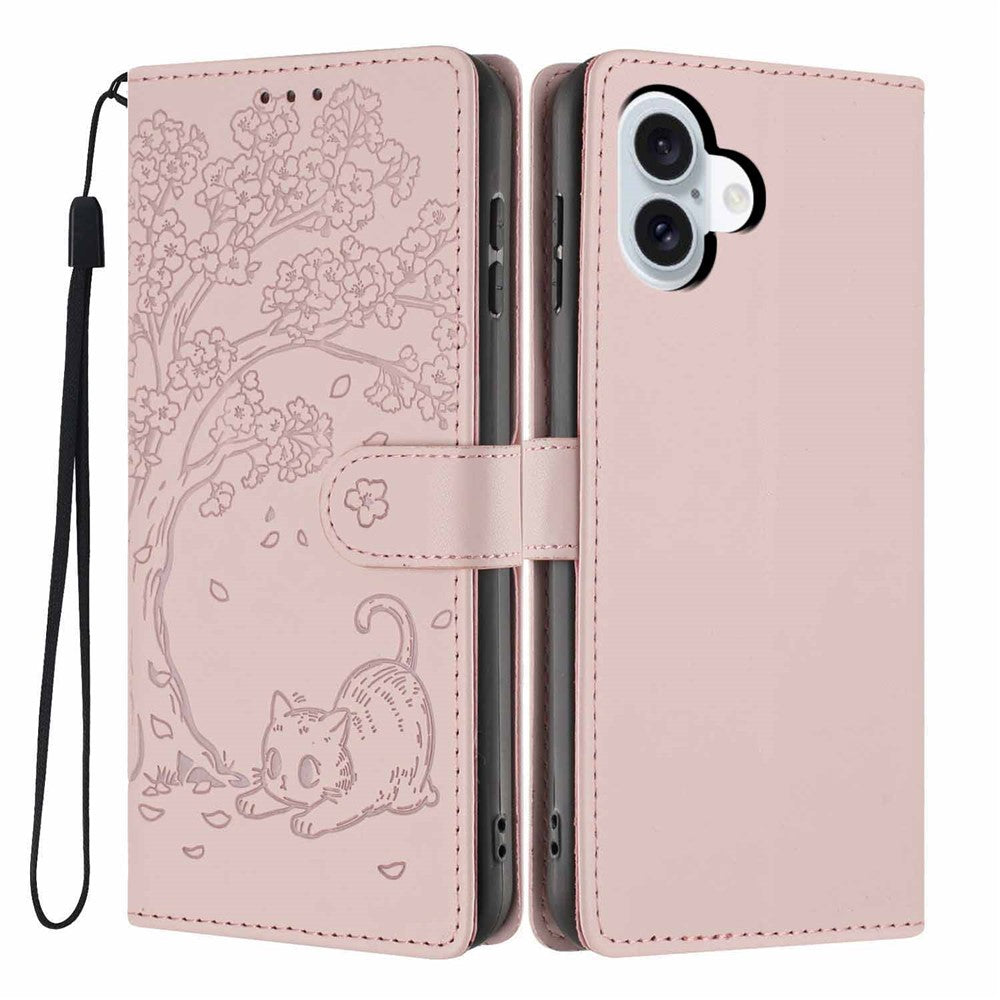 For iPhone 16 Stand Case Tree-and-Cat Pattern PU Leather Wallet Protective Phone Cover with Wrist Strap