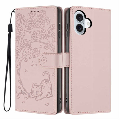 For iPhone 16 Stand Case Tree-and-Cat Pattern PU Leather Wallet Protective Phone Cover with Wrist Strap