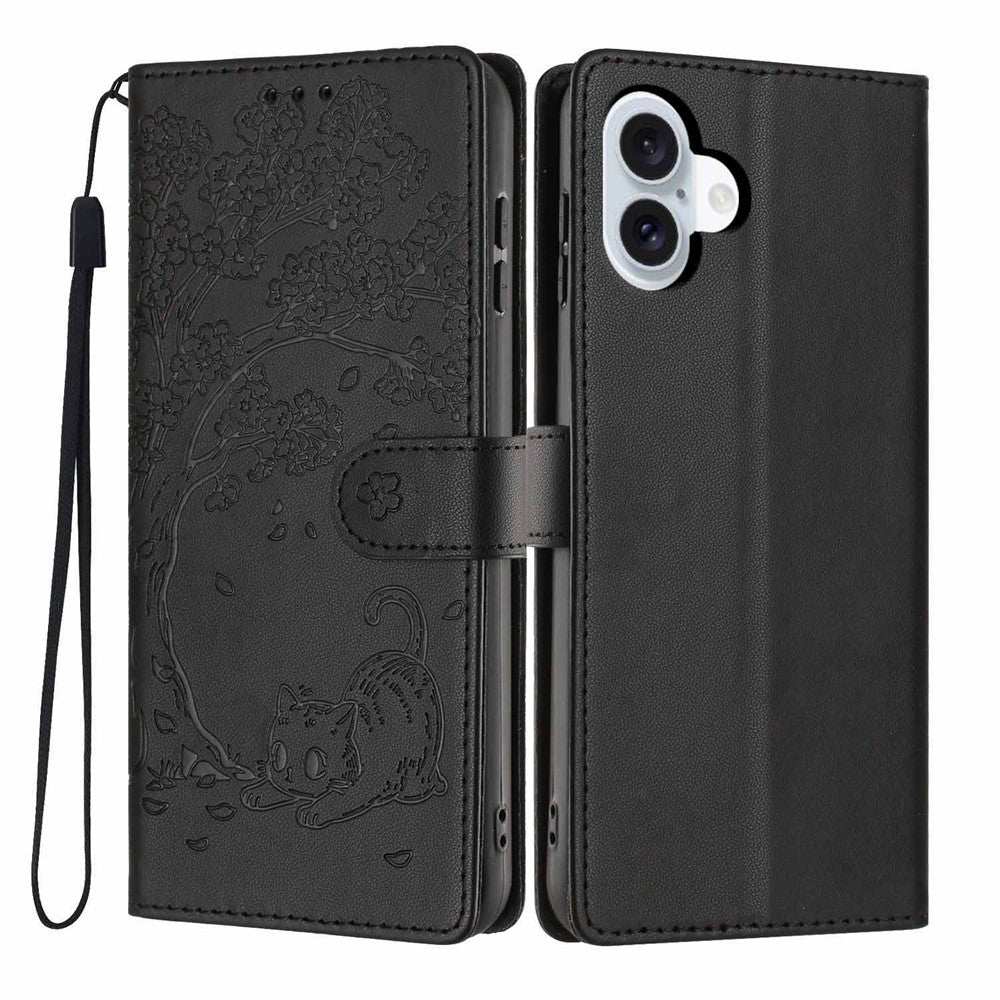 For iPhone 16 Stand Case Tree-and-Cat Pattern PU Leather Wallet Protective Phone Cover with Wrist Strap