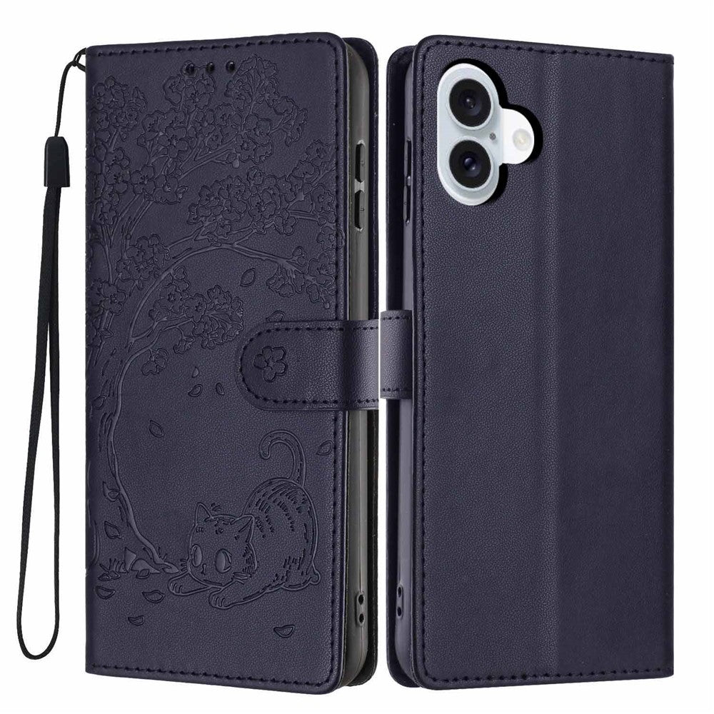 For iPhone 16 Stand Case Tree-and-Cat Pattern PU Leather Wallet Protective Phone Cover with Wrist Strap