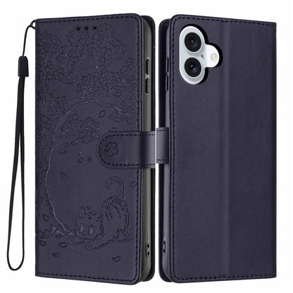 For iPhone 16 Stand Case Tree-and-Cat Pattern PU Leather Wallet Protective Phone Cover with Wrist Strap