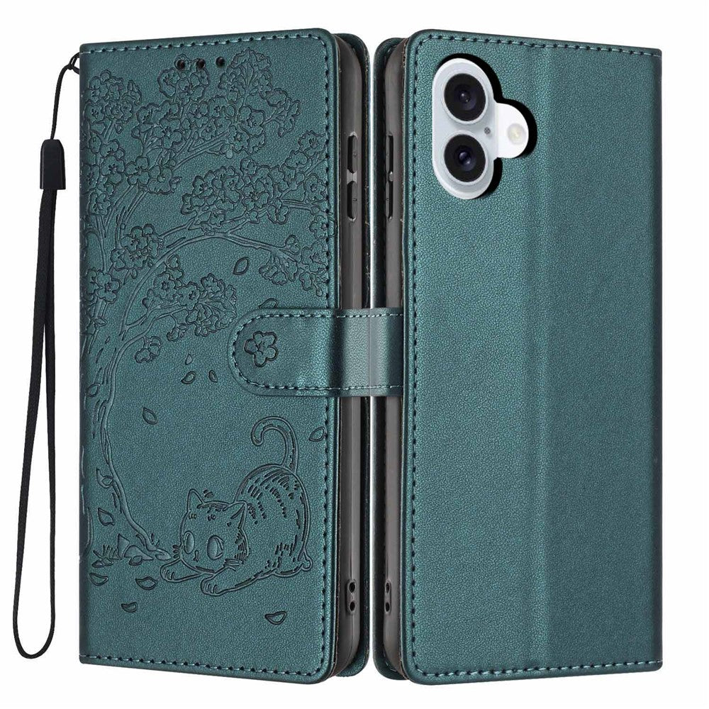 For iPhone 16 Stand Case Tree-and-Cat Pattern PU Leather Wallet Protective Phone Cover with Wrist Strap