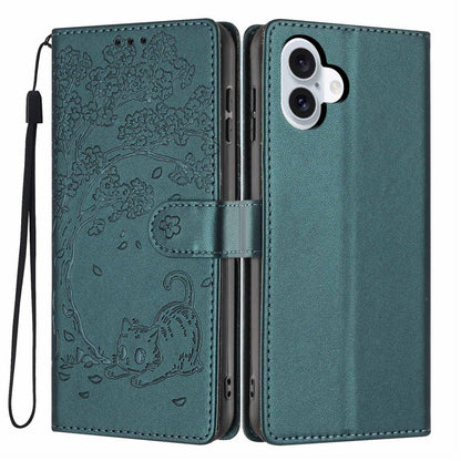 For iPhone 16 Stand Case Tree-and-Cat Pattern PU Leather Wallet Protective Phone Cover with Wrist Strap