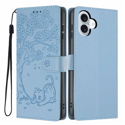 For iPhone 16 Stand Case Tree-and-Cat Pattern PU Leather Wallet Protective Phone Cover with Wrist Strap