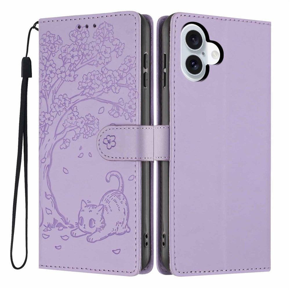For iPhone 16 Stand Case Tree-and-Cat Pattern PU Leather Wallet Protective Phone Cover with Wrist Strap