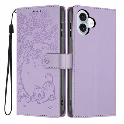 For iPhone 16 Stand Case Tree-and-Cat Pattern PU Leather Wallet Protective Phone Cover with Wrist Strap