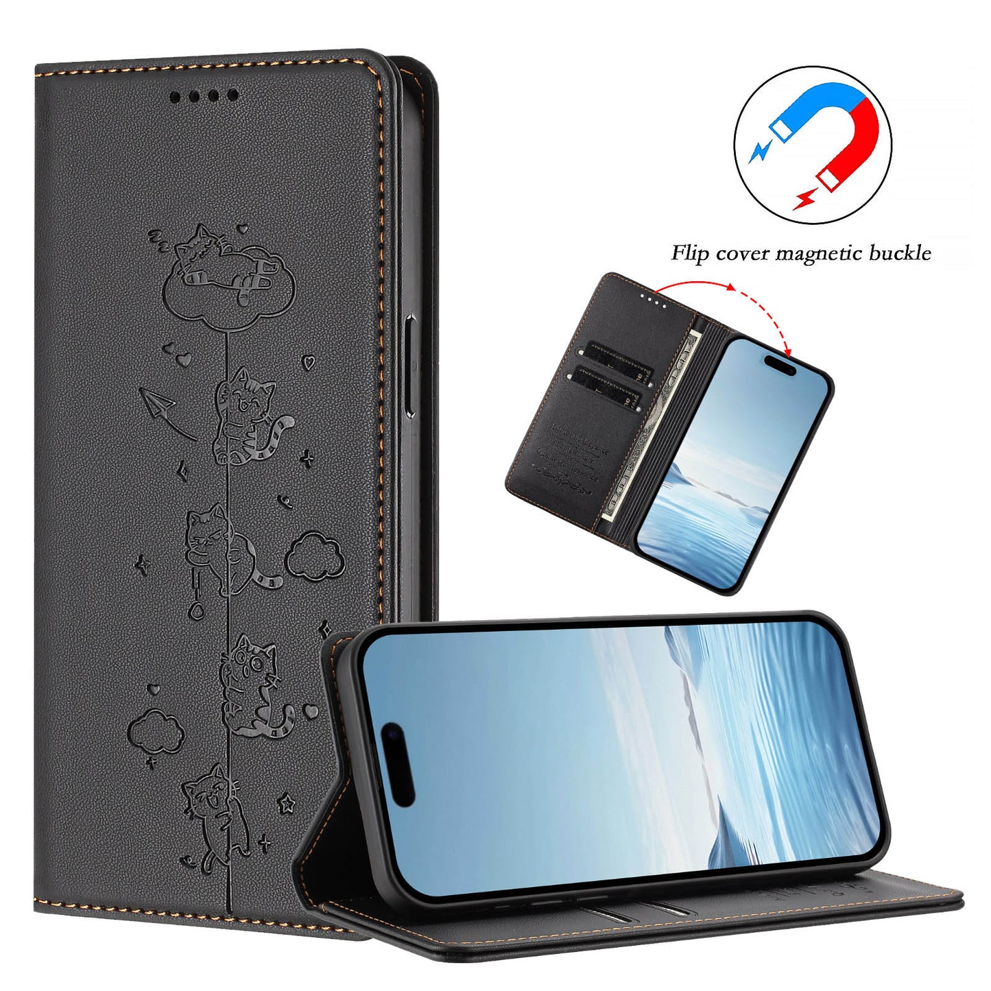 For iPhone 17e / 16e Case RFID Blocking Wallet Stand Imprinted Cat Pattern Leather Phone Cover