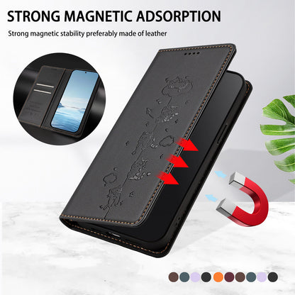 For iPhone 17e / 16e Case RFID Blocking Wallet Stand Imprinted Cat Pattern Leather Phone Cover