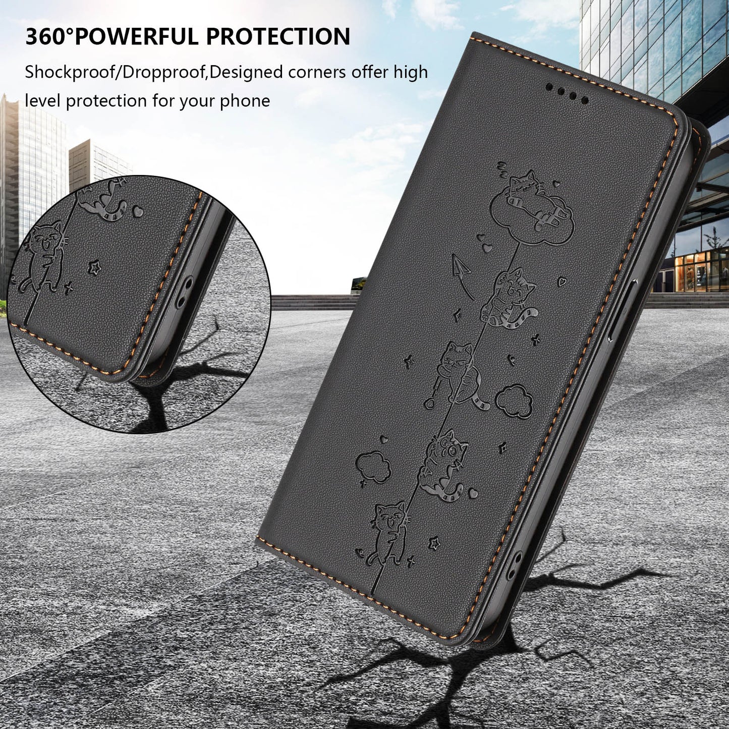 For iPhone 17e / 16e Case RFID Blocking Wallet Stand Imprinted Cat Pattern Leather Phone Cover
