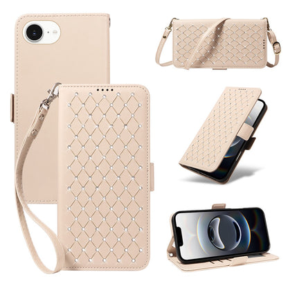 For iPhone 17e / 16e Leather Case Rhinestone Decor Rhombus Pattern Wallet Stand Flip Phone Cover with Straps