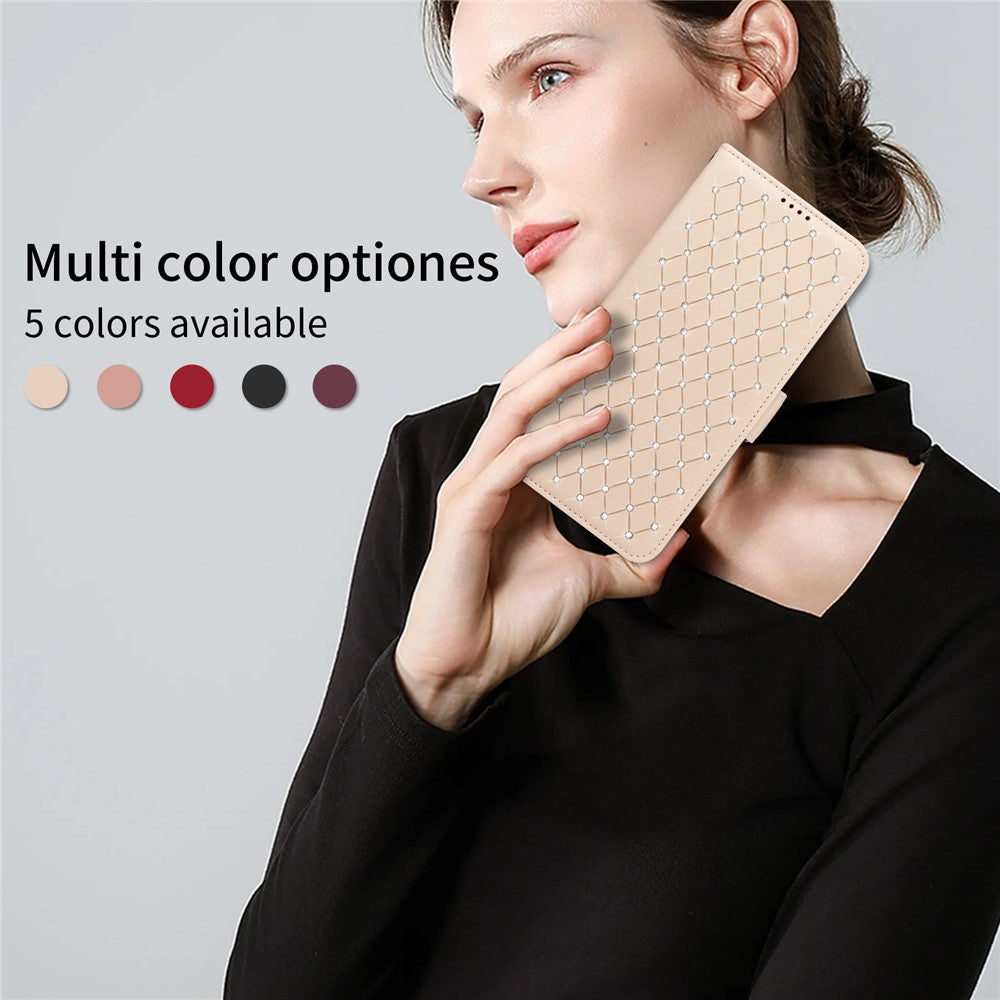 For iPhone 17e / 16e Leather Case Rhinestone Decor Rhombus Pattern Wallet Stand Flip Phone Cover with Straps
