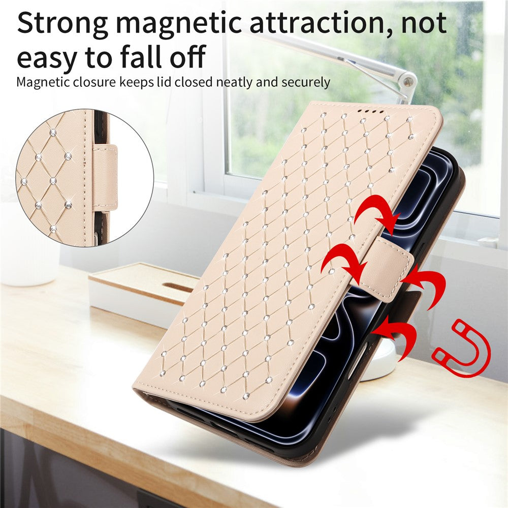 For iPhone 17e / 16e Leather Case Rhinestone Decor Rhombus Pattern Wallet Stand Flip Phone Cover with Straps