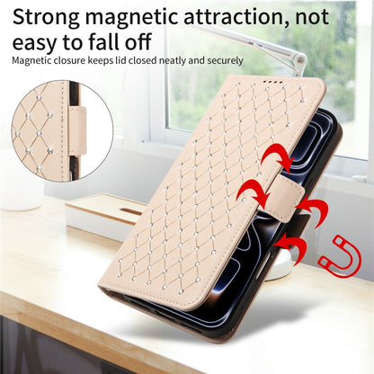 For iPhone 17e / 16e Leather Case Rhinestone Decor Rhombus Pattern Wallet Stand Flip Phone Cover with Straps