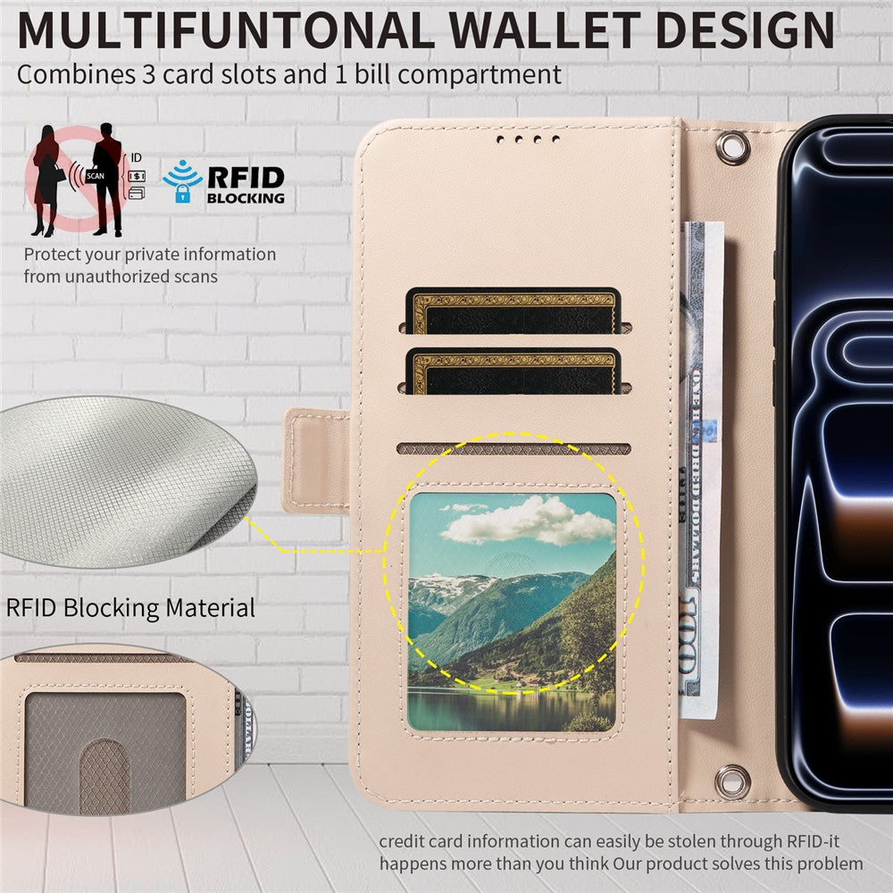 For iPhone 17e / 16e Leather Case Rhinestone Decor Rhombus Pattern Wallet Stand Flip Phone Cover with Straps