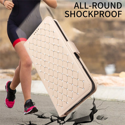 For iPhone 17e / 16e Leather Case Rhinestone Decor Rhombus Pattern Wallet Stand Flip Phone Cover with Straps