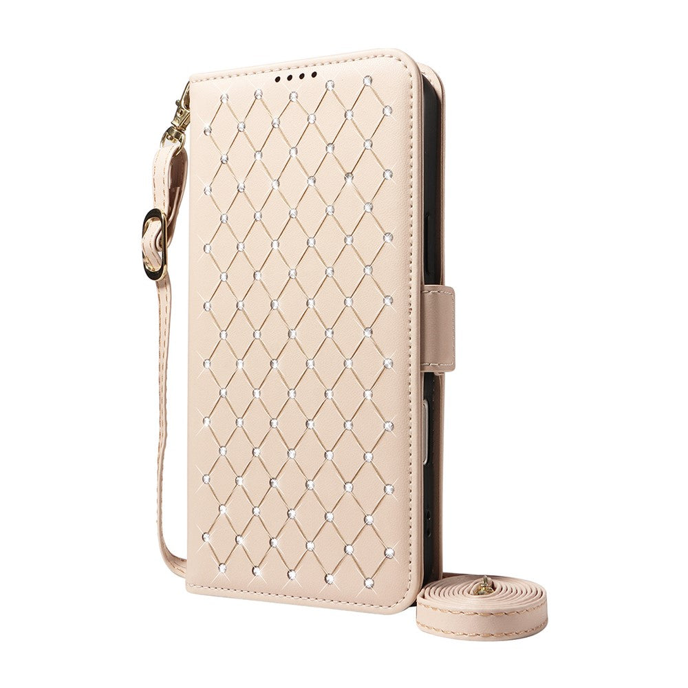 For iPhone 17e / 16e Leather Case Rhinestone Decor Rhombus Pattern Wallet Stand Flip Phone Cover with Straps