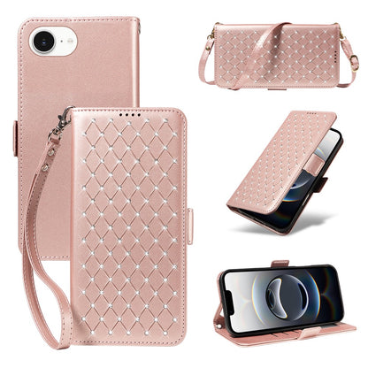 For iPhone 17e / 16e Leather Case Rhinestone Decor Rhombus Pattern Wallet Stand Flip Phone Cover with Straps