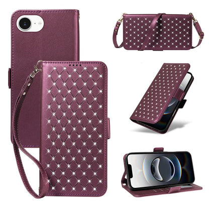 For iPhone 17e / 16e Leather Case Rhinestone Decor Rhombus Pattern Wallet Stand Flip Phone Cover with Straps