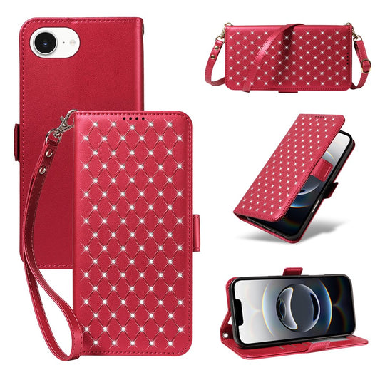 For iPhone 17e / 16e Leather Case Rhinestone Decor Rhombus Pattern Wallet Stand Flip Phone Cover with Straps