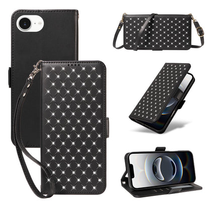 For iPhone 17e / 16e Leather Case Rhinestone Decor Rhombus Pattern Wallet Stand Flip Phone Cover with Straps