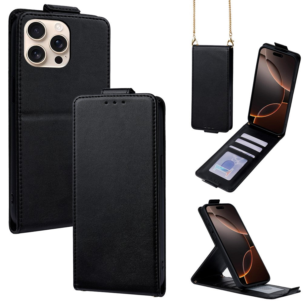 For iPhone 16 Pro Max Case Card Holder Vertical Flip Leather Phone Cover with Crossbody Shoulder Strap
