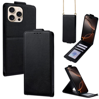 For iPhone 16 Pro Max Case Card Holder Vertical Flip Leather Phone Cover with Crossbody Shoulder Strap