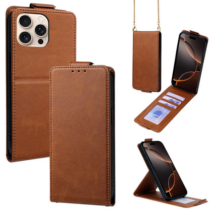 For iPhone 16 Pro Max Case Card Holder Vertical Flip Leather Phone Cover with Crossbody Shoulder Strap