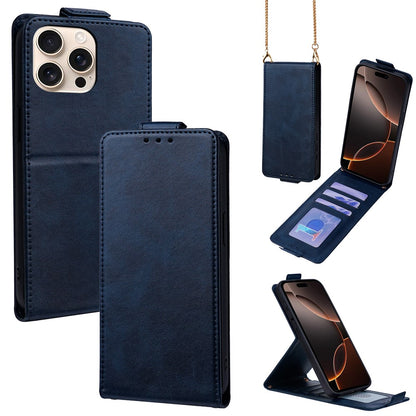 For iPhone 16 Pro Max Case Card Holder Vertical Flip Leather Phone Cover with Crossbody Shoulder Strap