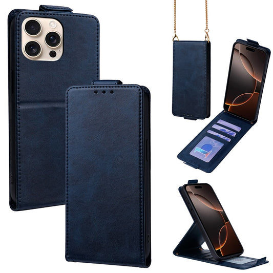For iPhone 16 Pro Max Case Card Holder Vertical Flip Leather Phone Cover with Crossbody Shoulder Strap