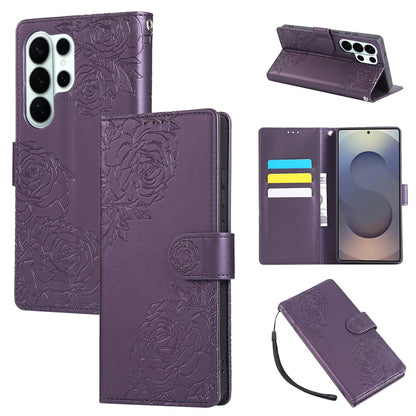For Samsung Galaxy S26 Ultra Leather Case Rose Flower Wallet Phone Cover with 3 Card Slots  /  Wrist Strap