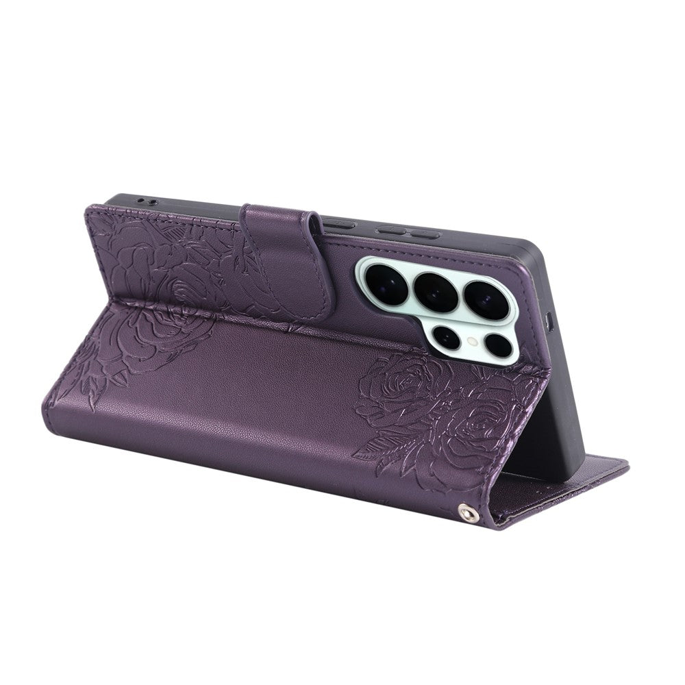 For Samsung Galaxy S26 Ultra Leather Case Rose Flower Wallet Phone Cover with 3 Card Slots  /  Wrist Strap
